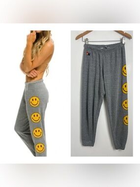 Aviator Nation Adult Small Heather Gray Smiley 2 Sweatpants Joggers